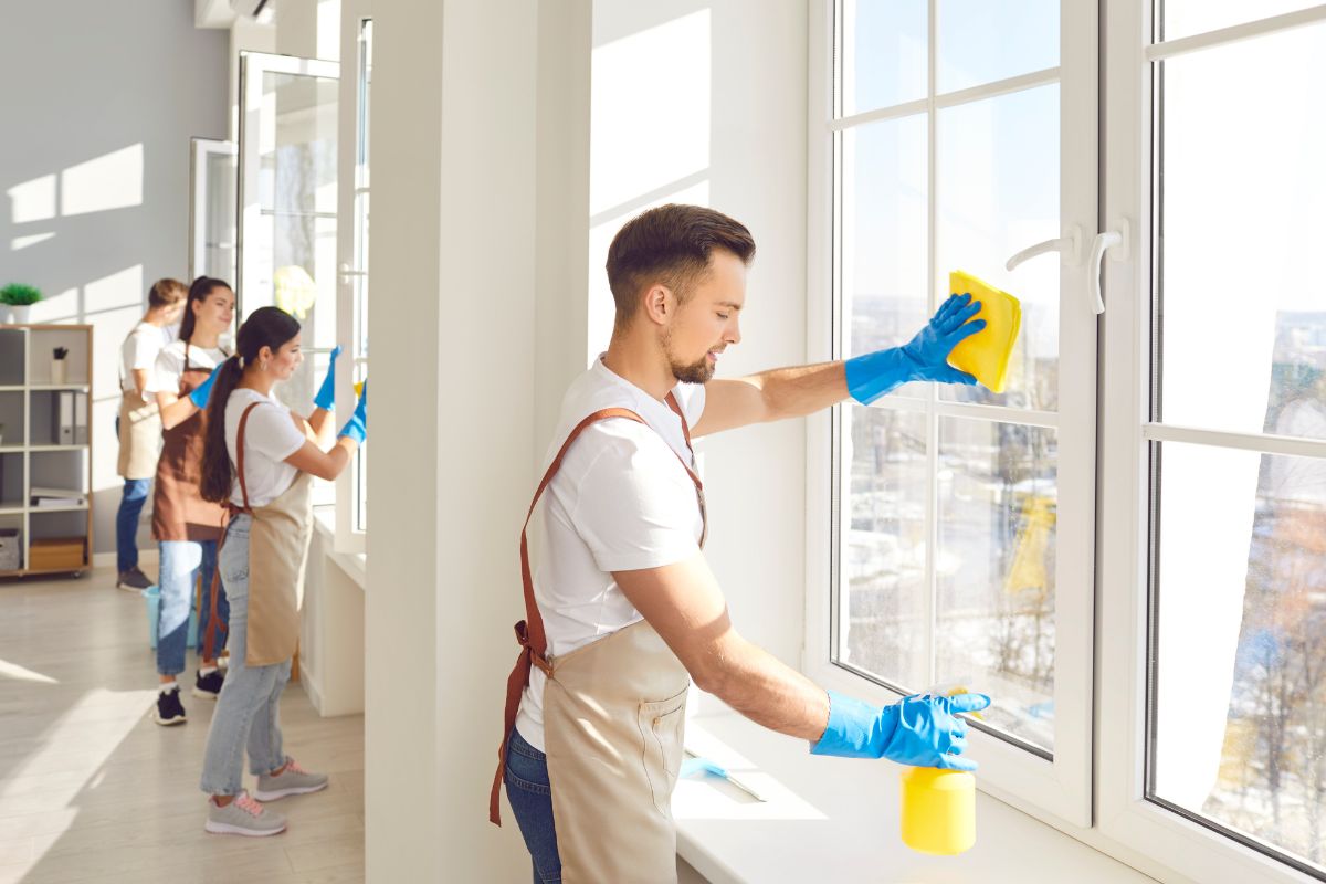 A team of professionals cleaning office windows, showcasing a window cleaning service in action.